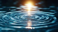 Mesmerizing water ripples with golden sunlight reflection creating concentric circles on dark blue surface. Tranquil nature background for meditation and wellness.