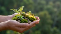 Hands holding miniature garden with succulents, moss and ferns creating magical fairy garden scene for environmental conservation and nature care concepts.