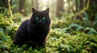 Black cat with bright green eyes sitting on moss-covered ground in enchanted forest with soft sunlight filtering through trees creating magical atmosphere.