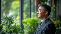 Middle-aged Asian businessman in dark suit looking thoughtfully through window, side profile against blurred green office plants background, professional corporate portrait.