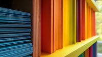 Colorful row of books arranged on wooden shelf creating rainbow pattern, selective focus on blue books in foreground. Modern library or bookstore interior.