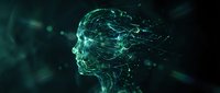 Digital human head profile with flowing data streams and glowing particles representing artificial intelligence and machine learning technology concepts.