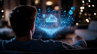 Young man looking at glowing holographic house projection floating in dark room with bokeh lights, representing future real estate technology and smart home concept.