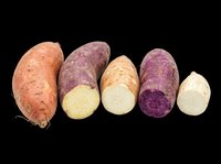 Isolated sweet potato and purple potato varieties displayed whole and sliced on transparent background, ready for culinary design, recipe graphics, food packaging, print-on-demand products and educational materials.