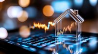 Glass house shape on financial chart with rising market data and bokeh lights, concept of real estate investment and property market growth analysis.