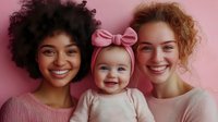 Happy diverse mothers with adorable baby girl in pink outfits smiling together on soft pink background. Family portrait celebrating motherhood and friendship.