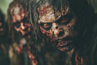 Dramatic close-up of decaying zombie face with glowing eyes and bloody details against dark background, showcasing horror movie makeup and special effects artistry.