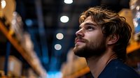 Young bearded man looking up with hope and determination in modern warehouse setting with warm lighting and industrial background.