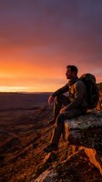 Male hiker with backpack sitting on rocky cliff edge at sunset, gazing at expansive valley landscape below during golden hour adventure and outdoor exploration.