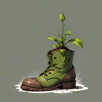 Green military boot with growing plant sprouts and leaves, artistic fantasy illustration on neutral background. Nature meets urban concept.