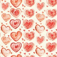 Romantic watercolor hearts seamless pattern in coral and pink shades on white background. Perfect for Valentine's Day cards, wedding invitations, and love-themed design projects.