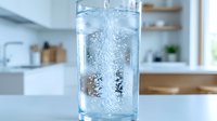 Fresh sparkling water with bubbles in clear glass on kitchen counter. Healthy hydration drink for wellness lifestyle and clean eating habits.