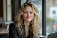 Young blonde woman with natural makeup and wavy hair smiling warmly while holding coffee cup in modern cafe setting with soft window lighting and blurred background.