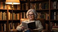 Senior woman with gray curly hair and glasses reading book in cozy library with warm lighting and wooden bookshelves background.