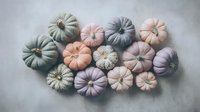 Assortment of pastel colored decorative pumpkins in soft green, pink, peach, and lavender tones arranged on neutral background. Perfect for autumn decor.