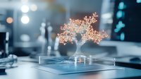 Glowing rose gold bonsai tree sculpture on glass platform with ethereal lighting creates serene atmosphere in modern minimalist setting. Artistic decor piece.