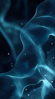 Abstract flowing turquoise particles forming wave-like shapes against dark background, creating dynamic motion effect with glowing dots and ethereal atmosphere.