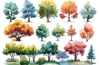 Watercolor collection of seasonal trees showing various shapes and colors, from spring greens to autumn oranges, painted with soft brushstrokes on white background.