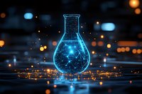 Glowing blue laboratory flask with magical sparkles and light particles against dark background with bokeh lights creating mystical scientific atmosphere.