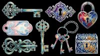 Ornate vintage keys, locks, and decorative metal hardware isolated on transparent background, ready for t-shirt design, clipart, stickers, print-on-demand products, and sublimation crafts.
