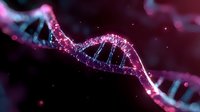 Glowing pink DNA helix strand on dark background with sparkles and bokeh effects, scientific molecular structure visualization for genetics research and biotechnology.
