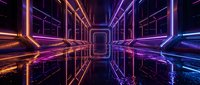 Futuristic neon tunnel with glowing purple and orange lights creating perspective corridor for sci-fi backgrounds and digital art projects.