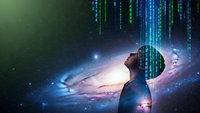 Digital matrix code streams over silhouette of person against cosmic galaxy background with glowing data particles for technology and AI concepts.