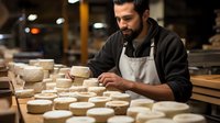 Middle Eastern male artisan carefully inspecting handcrafted ceramic bowls in workshop. Skilled craftsman in apron examining pottery pieces during production process.