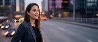 Professional businesswoman in suit walking on urban street at dusk with city lights and traffic bokeh background for corporate lifestyle concepts.