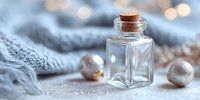 Small glass bottle with cork stopper surrounded by silver Christmas ornaments and cozy knit fabric creating festive holiday atmosphere for seasonal decorating.