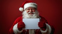 Cheerful Santa Claus in traditional red suit holding blank white paper card against burgundy background for holiday marketing and Christmas promotions.