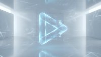 Glowing neon play button symbol floating in futuristic digital space with geometric lines and light effects, suitable for media, technology, and entertainment design projects.