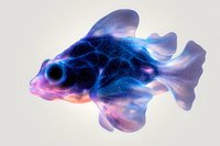 Luminescent fish with glowing blue and purple translucent body floating in ethereal light, featuring intricate bioluminescent patterns and delicate flowing fins.