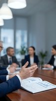 Businessman gesturing during corporate meeting with colleagues in modern office conference room with financial charts and documents on table.