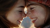 Young woman and man with freckles kissing outdoors at sunset, faces close together with warm golden light between them, romantic moment captured in nature setting.
