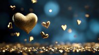 Golden heart floating with small heart shapes against dark blue bokeh background with glitter and sparkles scattered below, romantic atmosphere.
