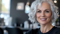 Confident mature woman with silver gray curly hair and radiant smile wearing black top against blurred cafe background, representing aging gracefully and vitality.