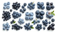 Fresh blueberries isolated on white background, arranged in clusters with green leaves. Suitable for food packaging, recipe blogs, healthy eating content, and culinary design projects.