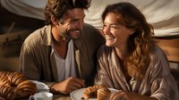 Young Caucasian couple sharing breakfast with fresh croissants and coffee at home, laughing together in warm morning light, creating intimate romantic moment.