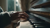 Close-up of elderly person's hand playing piano keys in warm atmospheric lighting, capturing musical artistry and emotional expression.