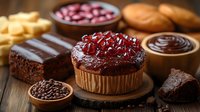 Chocolate dessert assortment with muffin topped with cherries, brownie pieces, chocolate chips and cream dips on rustic wooden table. Dark food photography.