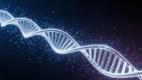 Glowing DNA double helix structure with luminous particles on dark blue gradient background for genetic research and biotechnology concepts.