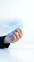 Business hand holding holographic geometric network with glowing particles and digital connections for technology innovation and futuristic communication concepts.