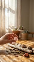 Hand holding rose quartz crystal over wooden table with healing stones and coins in warm sunlight for spiritual wellness and meditation practices.