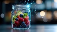 Fresh mixed berries in glass mason jar with water splash and bokeh lights, magical food photography with glowing sparkles and dreamy atmosphere.