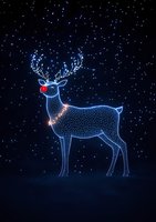 Magical glowing reindeer with red nose standing against starry night sky, created from luminous dots and lines. Festive winter holiday art for seasonal designs.