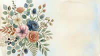 Watercolor floral arrangement with pink, coral, and blue blooms surrounded by green foliage and branches on cream background. Suitable for wedding invitations, greeting cards, and decorative designs.