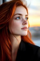Young woman with natural freckles and flowing red hair gazes upward during golden sunset, her blue eyes and delicate features illuminated by warm light.