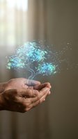 Hands holding glowing holographic tree with sparkling particles representing growth, sustainability, environmental protection and digital nature technology.