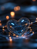 Glowing heart shape formed by illuminated network lines with blue and orange light effects against dark background, creating magical romantic atmosphere.